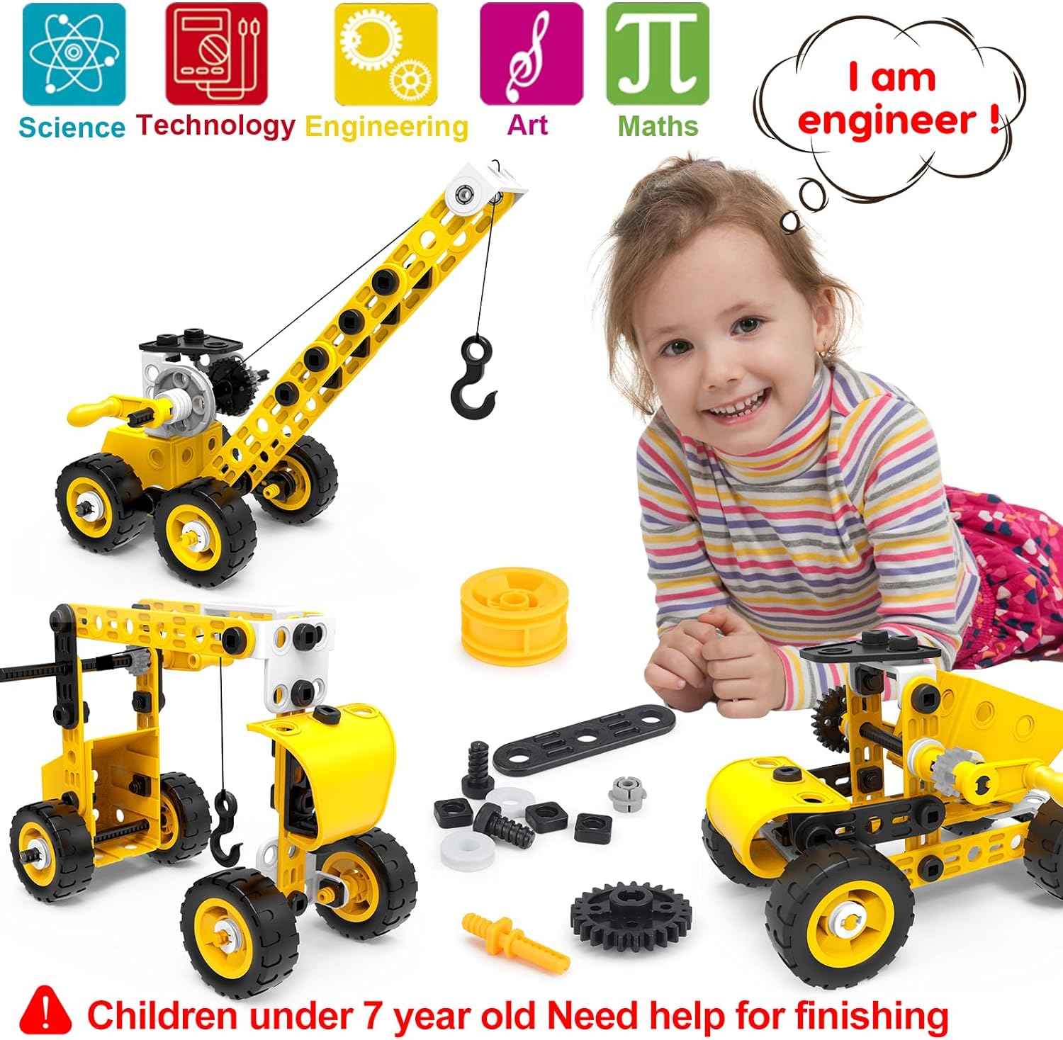 192 PCS STEM Building Toys for 5 6 7 8 9 + Year Old Boy Girl Gift Stem Project Activities Kit for Kids 5-7 6-8 Educational Autism Robotic Toy Learning Game Excavator Engineering Construction Set
