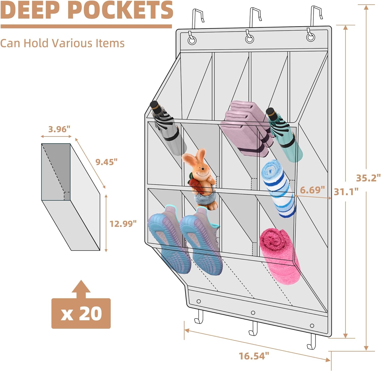 STORAGE MANIAC 2 Pack Over the Door Shoe Organizer, Hanging Shoe Organizer, 12 Large Pockets Shoe Storage Rack Organizer for Closet and Dorm Narrow Door Shoe Storage, Grey